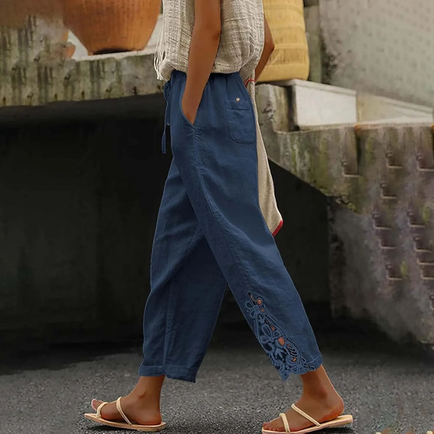 Womens Cotton Linen Summer Flowy Palazzo Pants Elastic Waist Bootcut Plus Size Palazzo Pants Trendy
