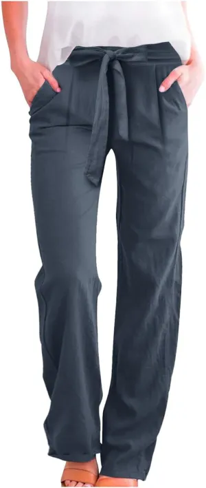 Women's Cotton Linen Summer Lightweigt Palazzo Pants Low Waist Wide Leg Loose Fit Pants Travel