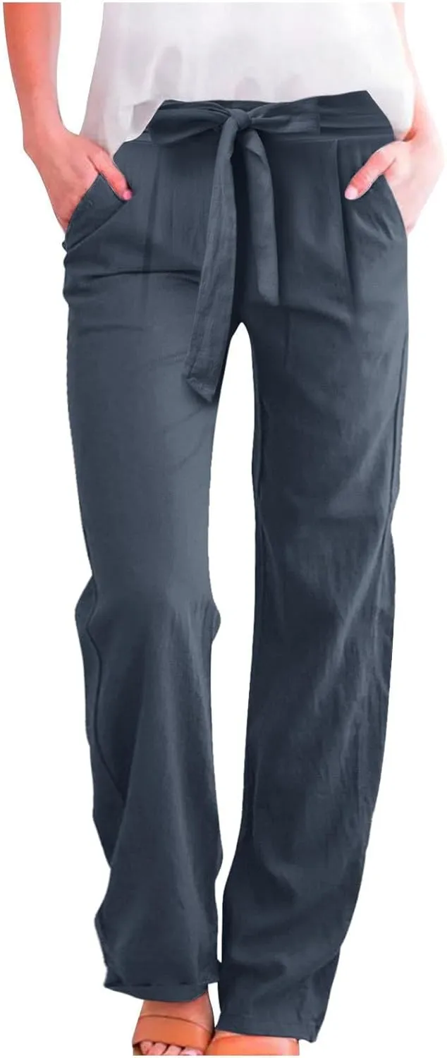 Women's Cotton Linen Summer Lightweigt Palazzo Pants Low Waist Wide Leg Loose Fit Pants Travel