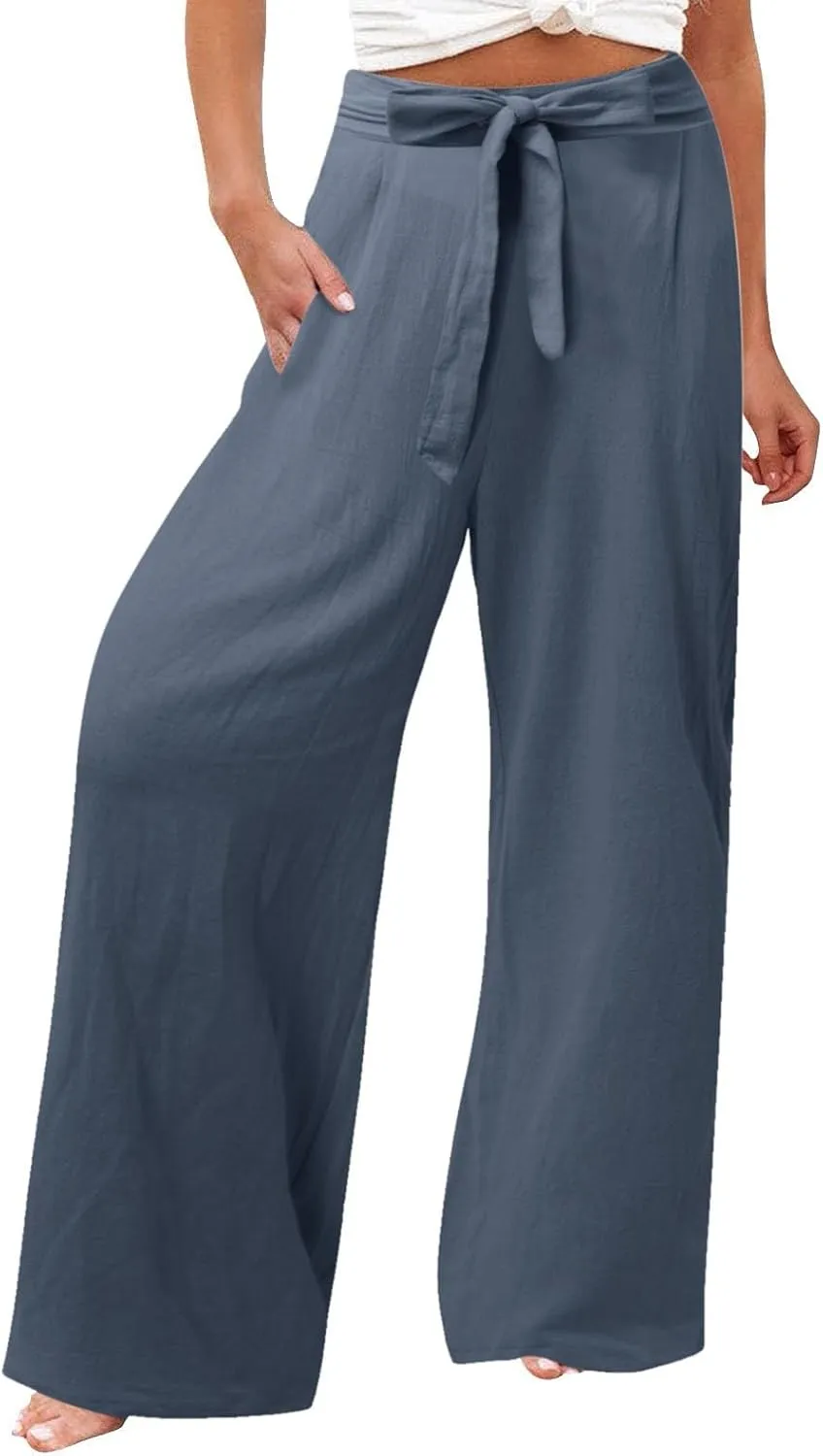 Women's Cotton Linen Summer Lightweigt Palazzo Pants Low Waist Wide Leg Loose Fit Pants Travel