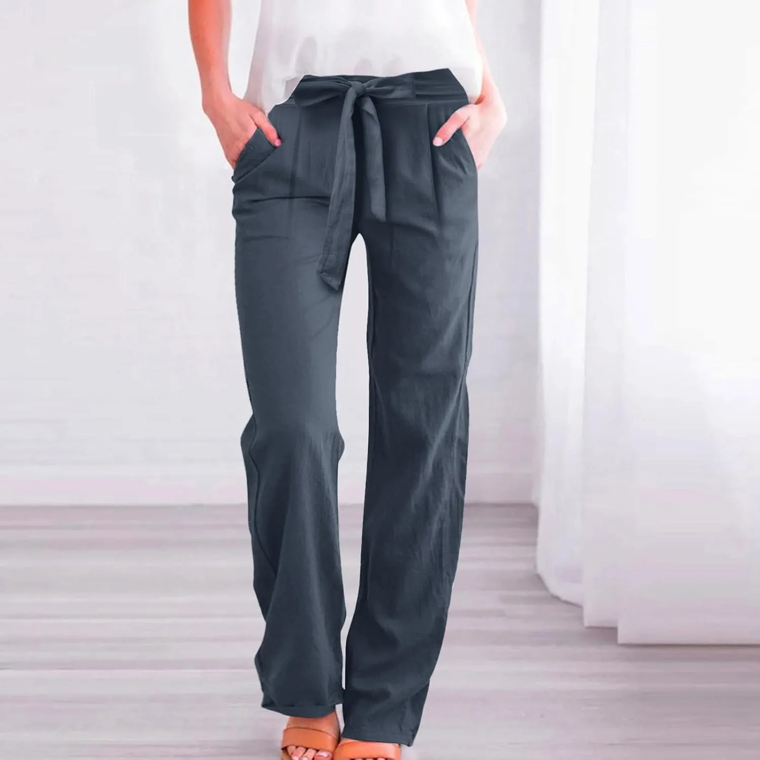 Women's Cotton Linen Summer Lightweigt Palazzo Pants Low Waist Wide Leg Loose Fit Pants Travel
