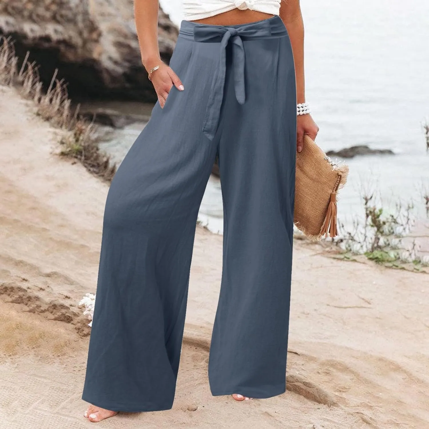 Women's Cotton Linen Summer Lightweigt Palazzo Pants Low Waist Wide Leg Loose Fit Pants Travel