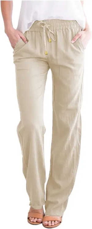 Women's Cotton Linen Summer Lightweigt Pant Trousers Low Waist Wide Leg Slim Fit Pants Office