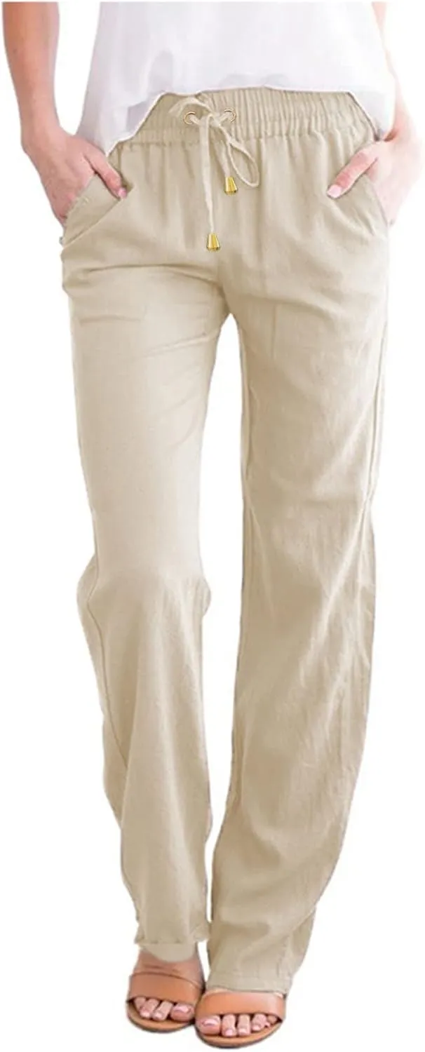 Women's Cotton Linen Summer Lightweigt Pant Trousers Low Waist Wide Leg Slim Fit Pants Office