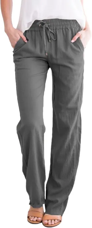 Women's Cotton Linen Summer Lightweigt Pant Trousers Low Waist Wide Leg Slim Fit Pants Office