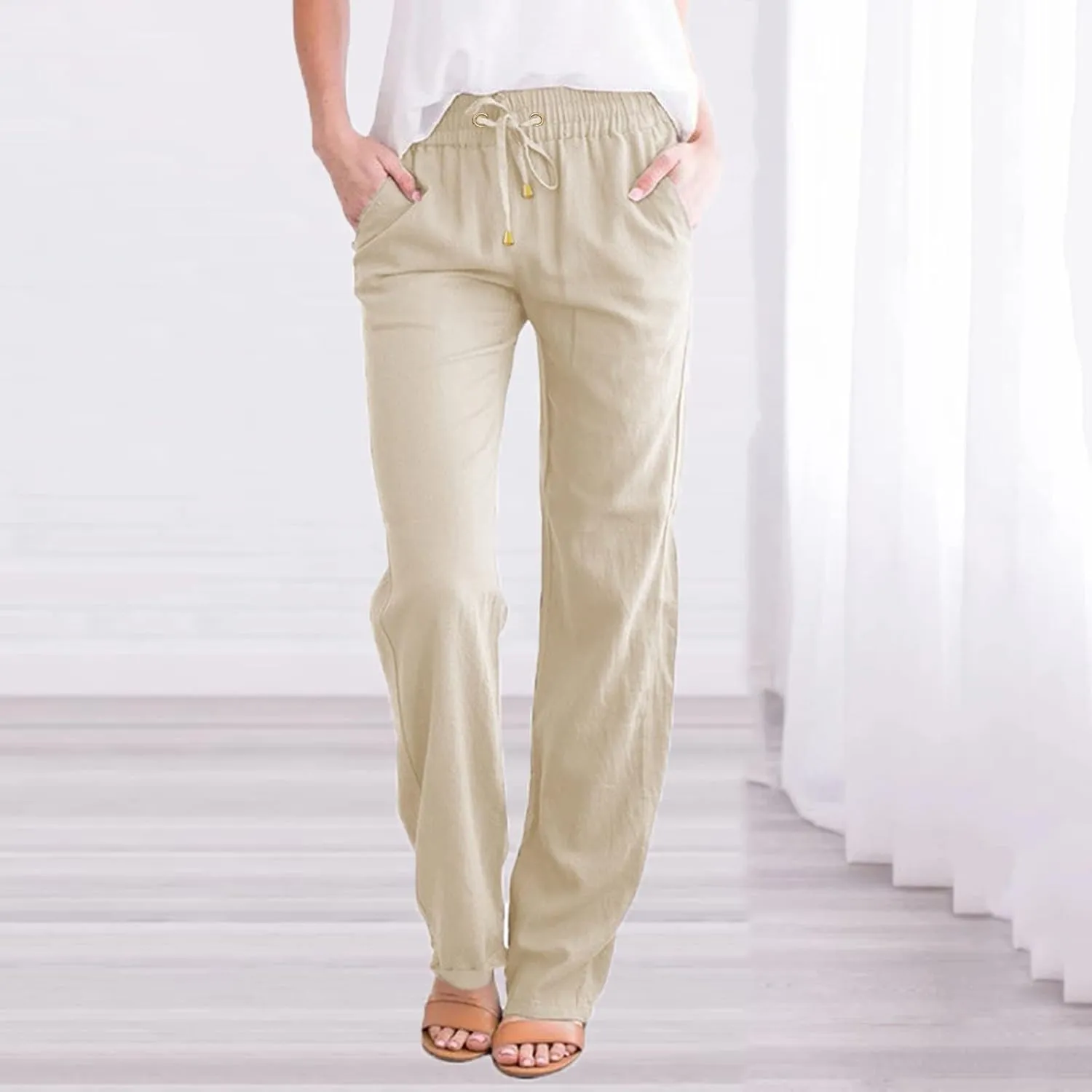 Women's Cotton Linen Summer Lightweigt Pant Trousers Low Waist Wide Leg Slim Fit Pants Office