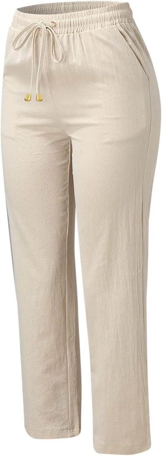 Women's Cotton Linen Summer Lightweigt Pant Trousers Low Waist Wide Leg Slim Fit Pants Office