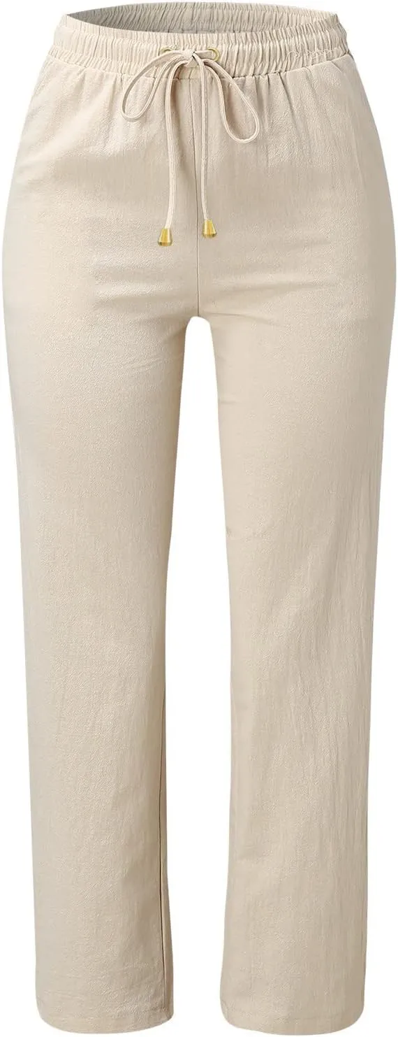 Women's Cotton Linen Summer Lightweigt Pant Trousers Low Waist Wide Leg Slim Fit Pants Office