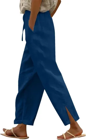 Women's Cotton Linen Summer Palazzo Pants 2025 Wide Leg Beach Lounge Trousers with Pockets Vacation Outfits A-Blue