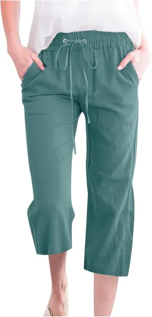 Womens Cotton Linen Summer Print Palazzo Lounge Pants Low Waist Long Lounge Plus Size Trouser Travel