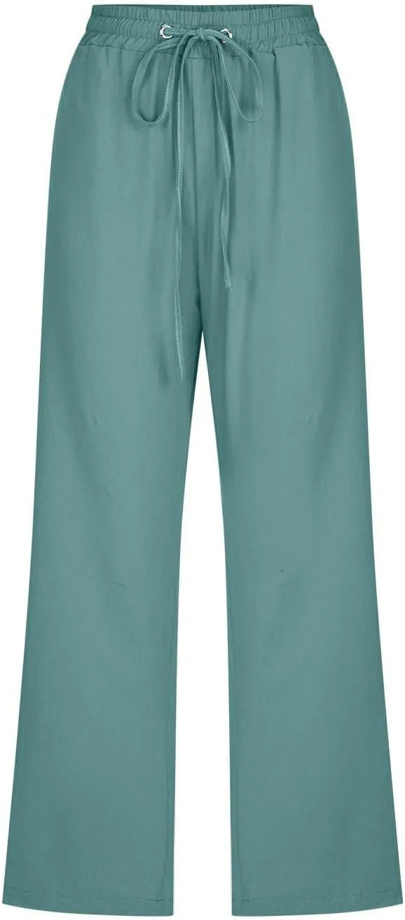 Womens Cotton Linen Summer Print Palazzo Lounge Pants Low Waist Long Lounge Plus Size Trouser Travel
