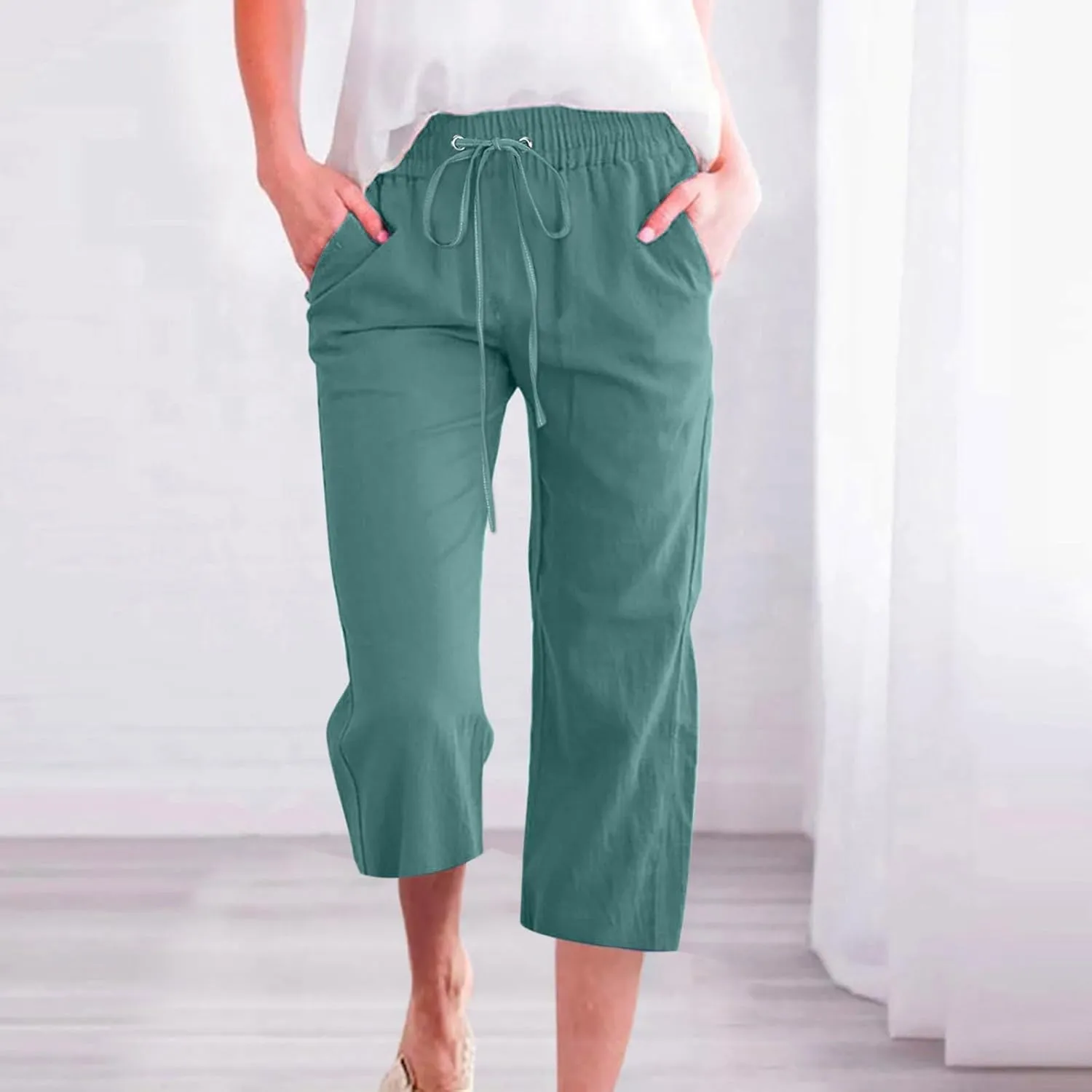 Womens Cotton Linen Summer Print Palazzo Lounge Pants Low Waist Long Lounge Plus Size Trouser Travel