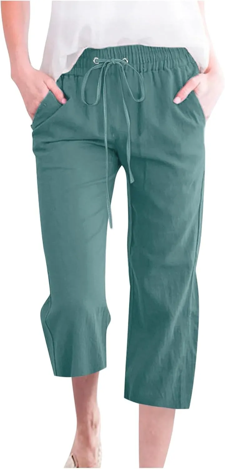 Womens Cotton Linen Summer Print Palazzo Lounge Pants Low Waist Long Lounge Plus Size Trouser Travel