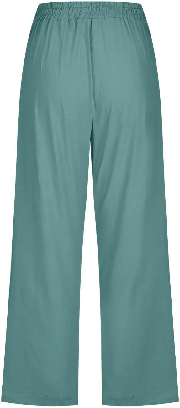 Womens Cotton Linen Summer Print Palazzo Lounge Pants Low Waist Long Lounge Plus Size Trouser Travel