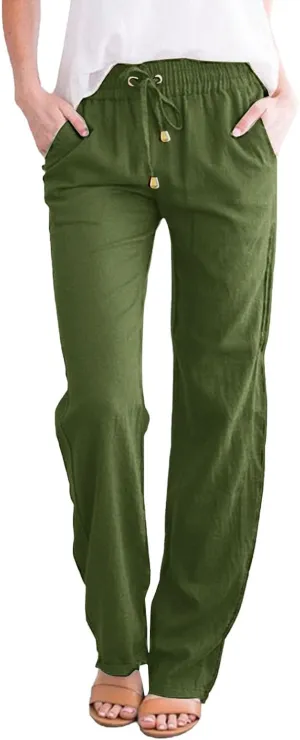 Womens Cotton Linen Summer Printed Pant Trousers Elastic Waisted Stretchy Loose Fit Palazzo Pants Travel