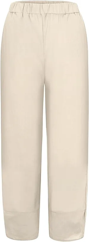 Women's Cotton Linen Summer Printed Pants Elastic Waisted Stretchy Slim Fit Pant Trousers Vacation