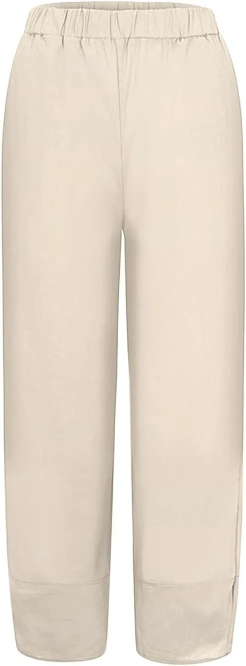 Women's Cotton Linen Summer Printed Pants Elastic Waisted Stretchy Slim Fit Pant Trousers Vacation