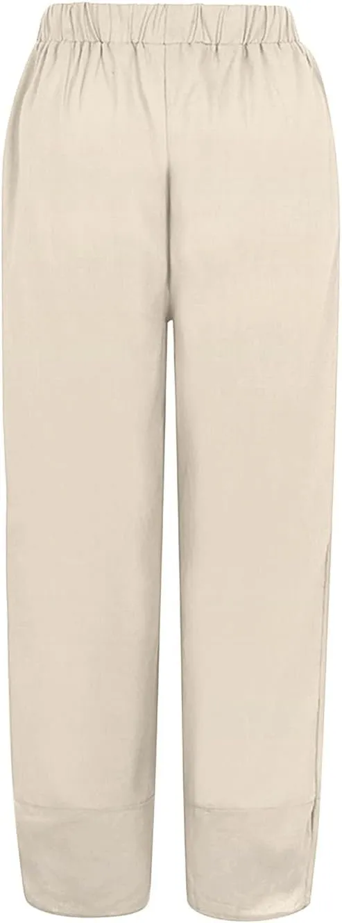 Women's Cotton Linen Summer Printed Pants Elastic Waisted Stretchy Slim Fit Pant Trousers Vacation