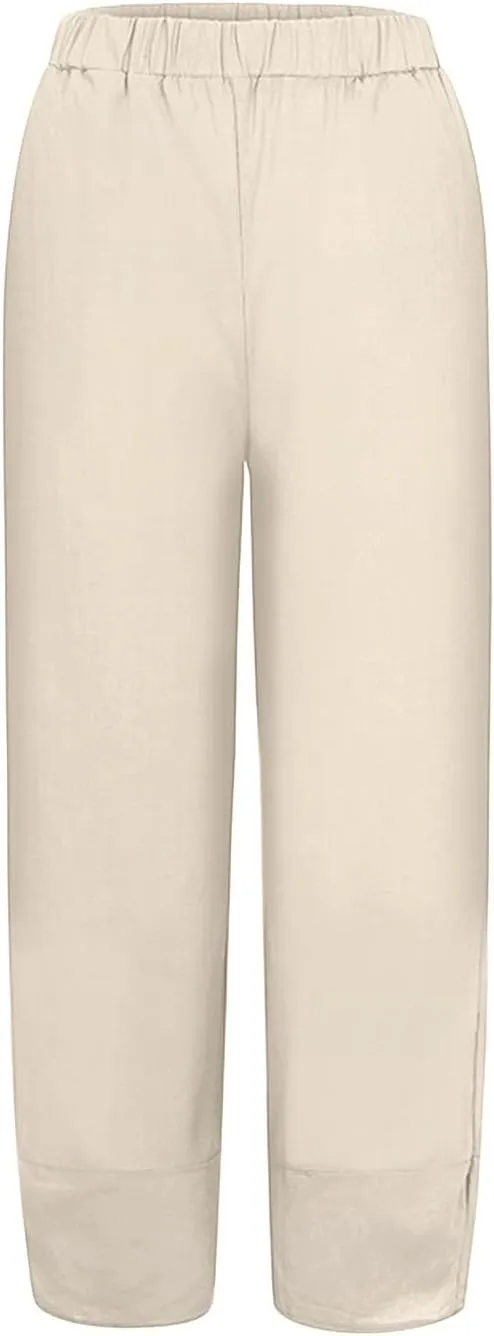 Women's Cotton Linen Summer Printed Pants Elastic Waisted Stretchy Slim Fit Pant Trousers Vacation
