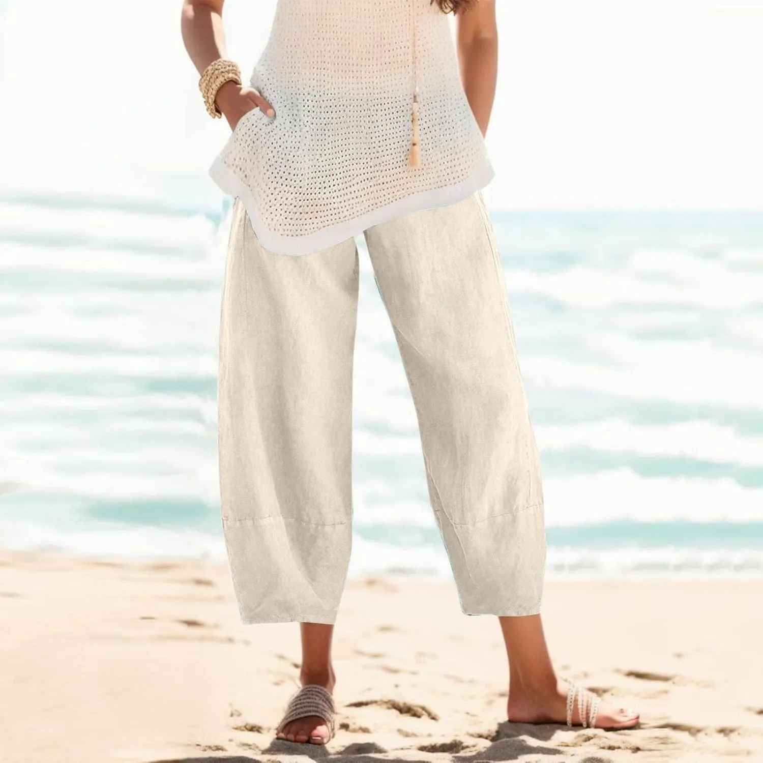 Women's Cotton Linen Summer Printed Pants Elastic Waisted Stretchy Slim Fit Pant Trousers Vacation