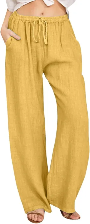 Womens Cotton Linen Summer Trendy Palazzo Pants Elastic Waist Ankle Length Slim Fit Trouser Office