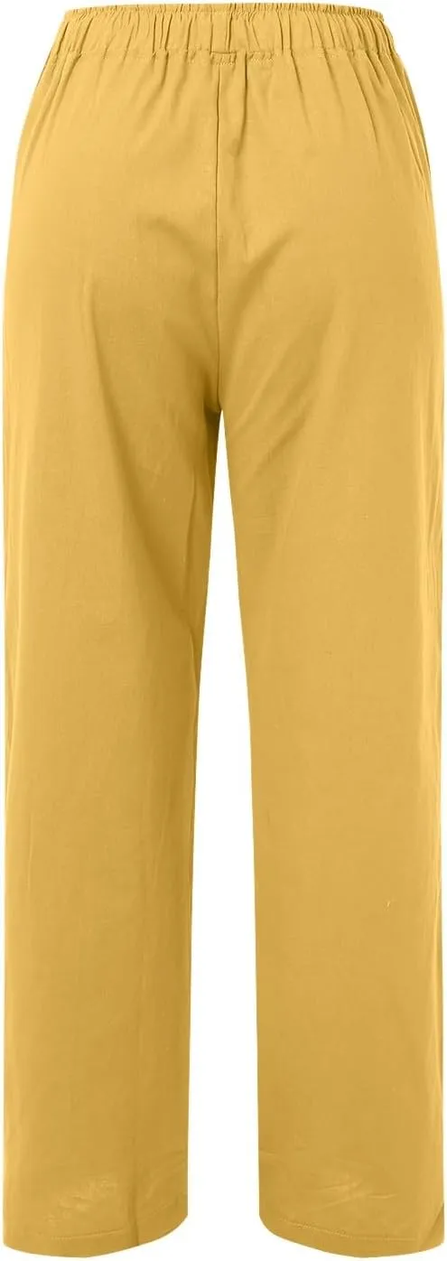 Womens Cotton Linen Summer Trendy Palazzo Pants Elastic Waist Ankle Length Slim Fit Trouser Office