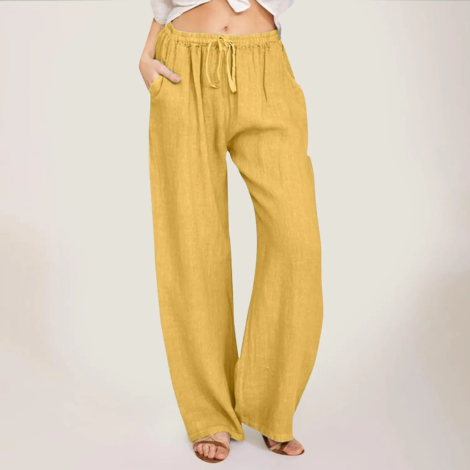Womens Cotton Linen Summer Trendy Palazzo Pants Elastic Waist Ankle Length Slim Fit Trouser Office