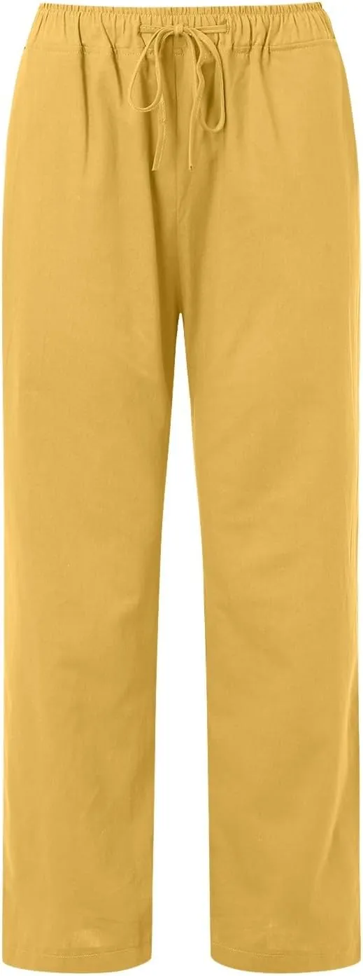 Womens Cotton Linen Summer Trendy Palazzo Pants Elastic Waist Ankle Length Slim Fit Trouser Office