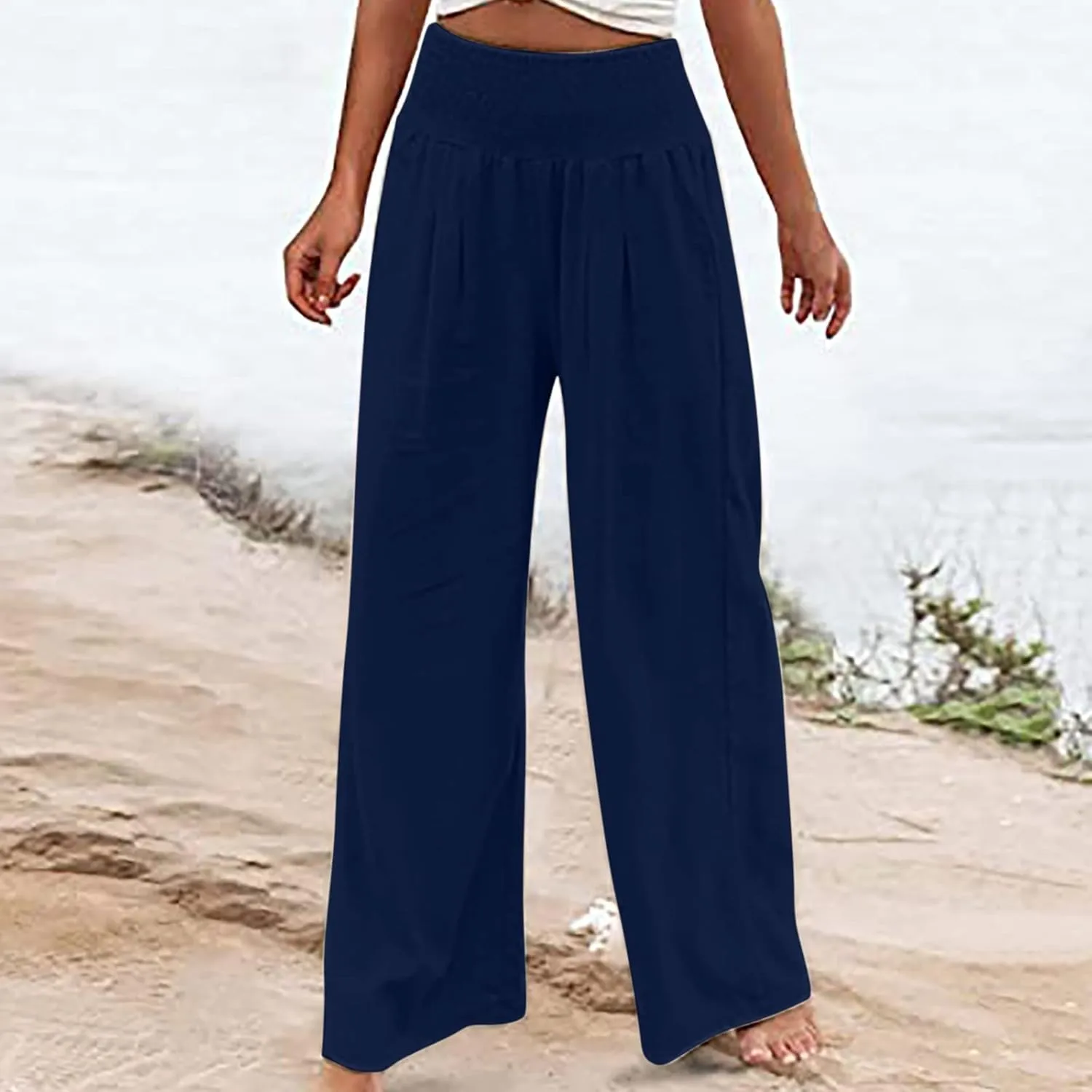 Womens Cotton Linen Summer Y2K Fashion Palazzo Pants Elastic Waist Bootcut Slim Fit Palazzo Lounge Pants Travel