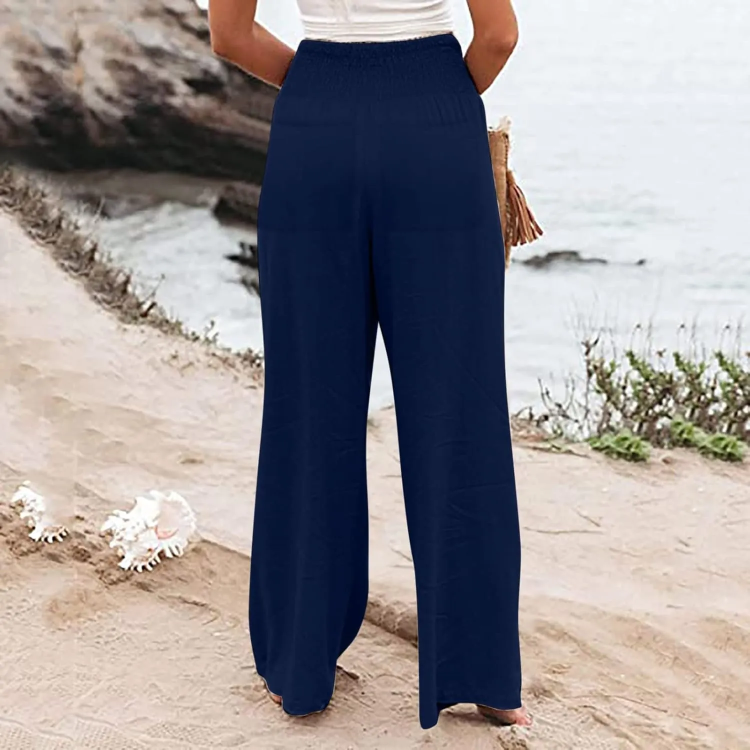 Womens Cotton Linen Summer Y2K Fashion Palazzo Pants Elastic Waist Bootcut Slim Fit Palazzo Lounge Pants Travel