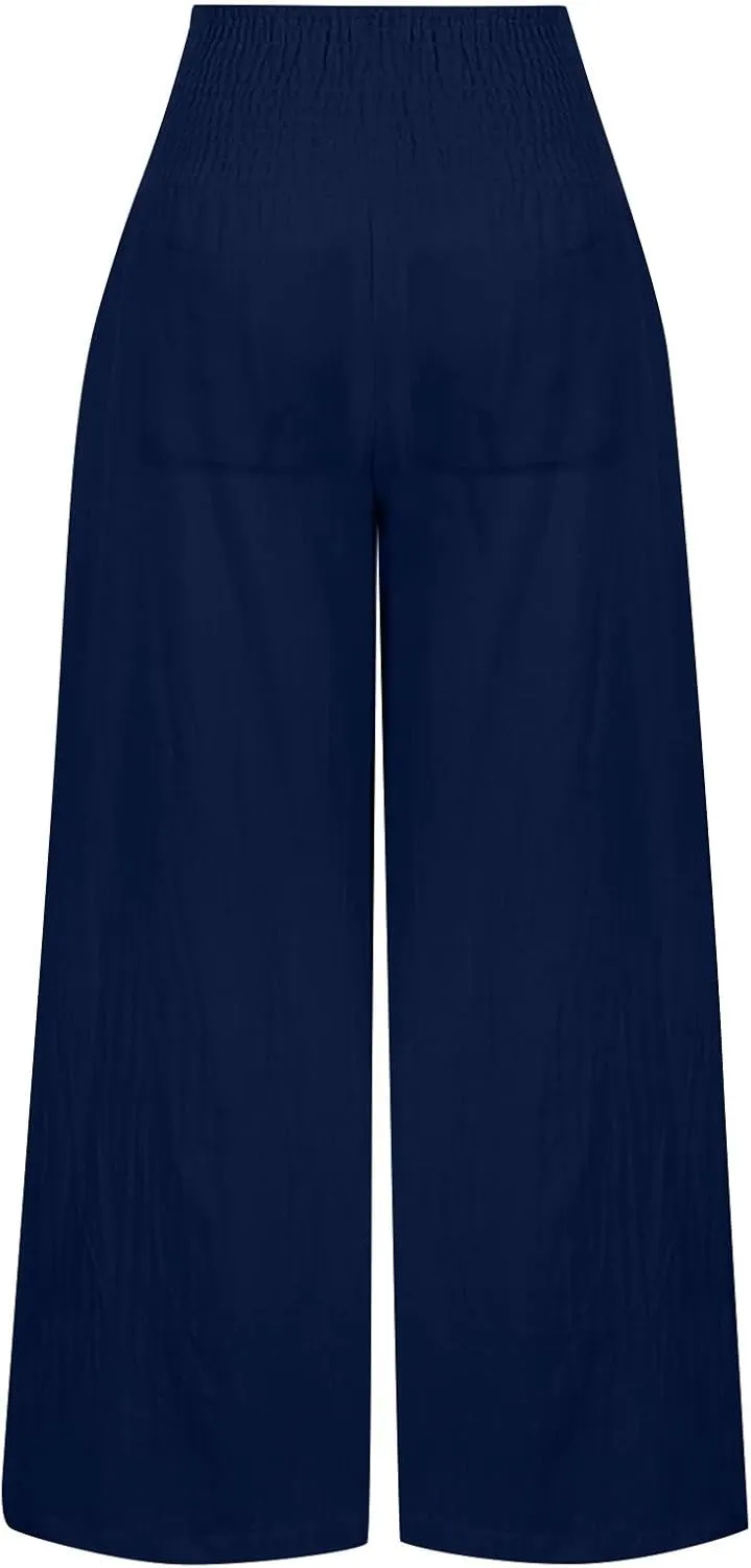 Womens Cotton Linen Summer Y2K Fashion Palazzo Pants Elastic Waist Bootcut Slim Fit Palazzo Lounge Pants Travel