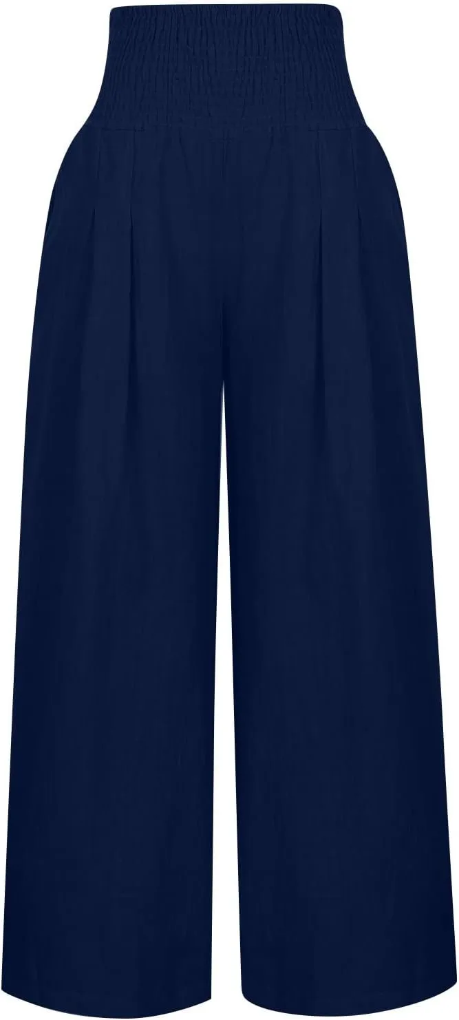Womens Cotton Linen Summer Y2K Fashion Palazzo Pants Elastic Waist Bootcut Slim Fit Palazzo Lounge Pants Travel