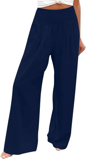 Womens Cotton Linen Summer Y2K Fashion Palazzo Pants Elastic Waist Bootcut Slim Fit Palazzo Lounge Pants Travel