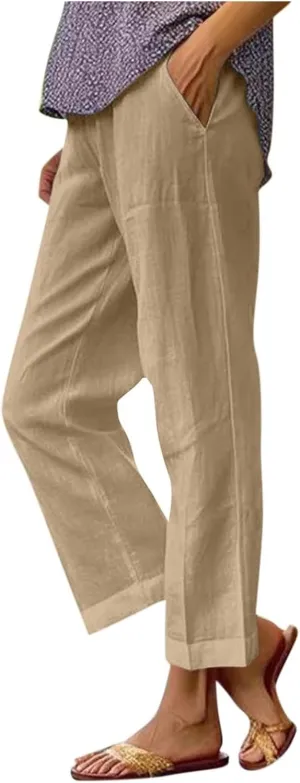 Womens Cotton Linen Summer Y2K Fashion Pants Low Waist Ankle Length Slim-Fit Pant Trousers Office