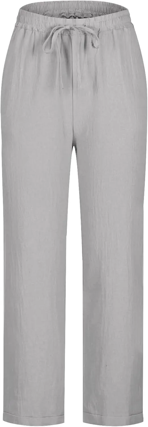 Women's Cotton Linen Trousers Solid Color Lace-Up Straight Leg Casual Wide Leg Lounge Pants with Pockets 2025