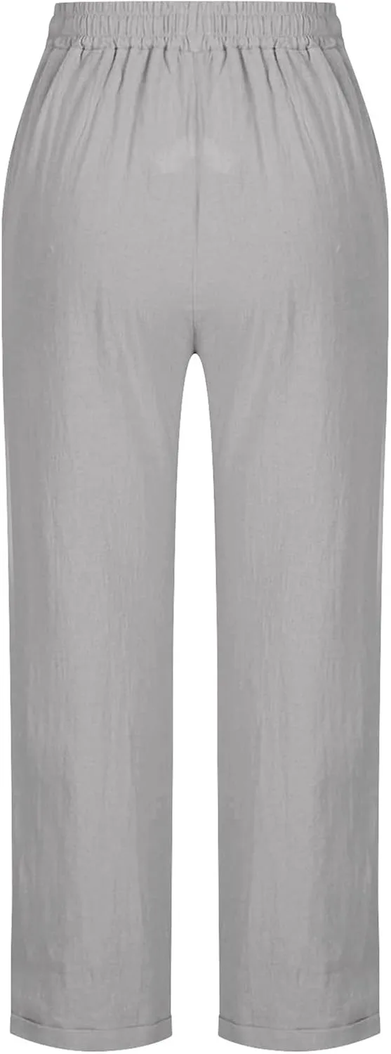 Women's Cotton Linen Trousers Solid Color Lace-Up Straight Leg Casual Wide Leg Lounge Pants with Pockets 2025
