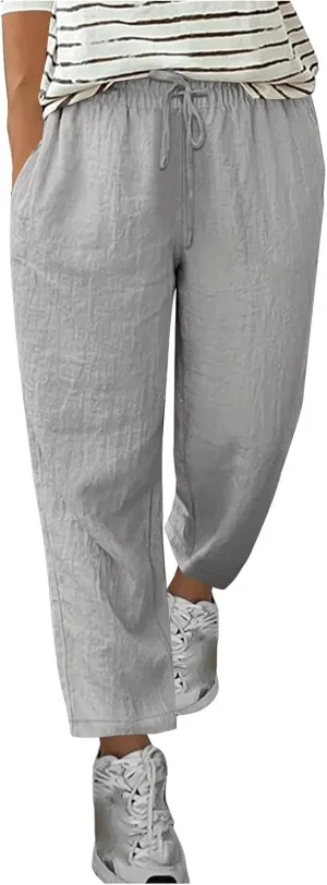 Women's Cotton Linen Trousers Solid Color Lace-Up Straight Leg Casual Wide Leg Lounge Pants with Pockets 2025