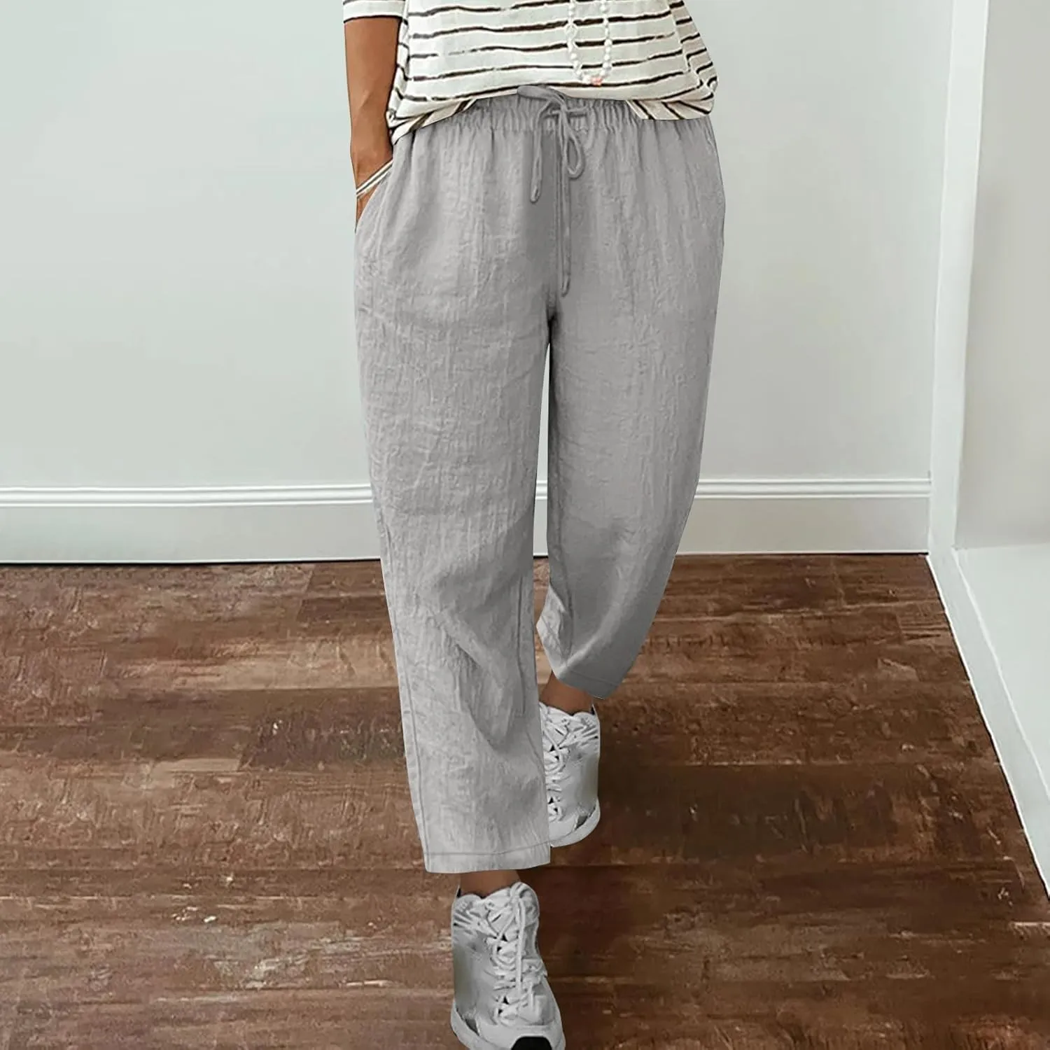 Women's Cotton Linen Trousers Solid Color Lace-Up Straight Leg Casual Wide Leg Lounge Pants with Pockets 2025