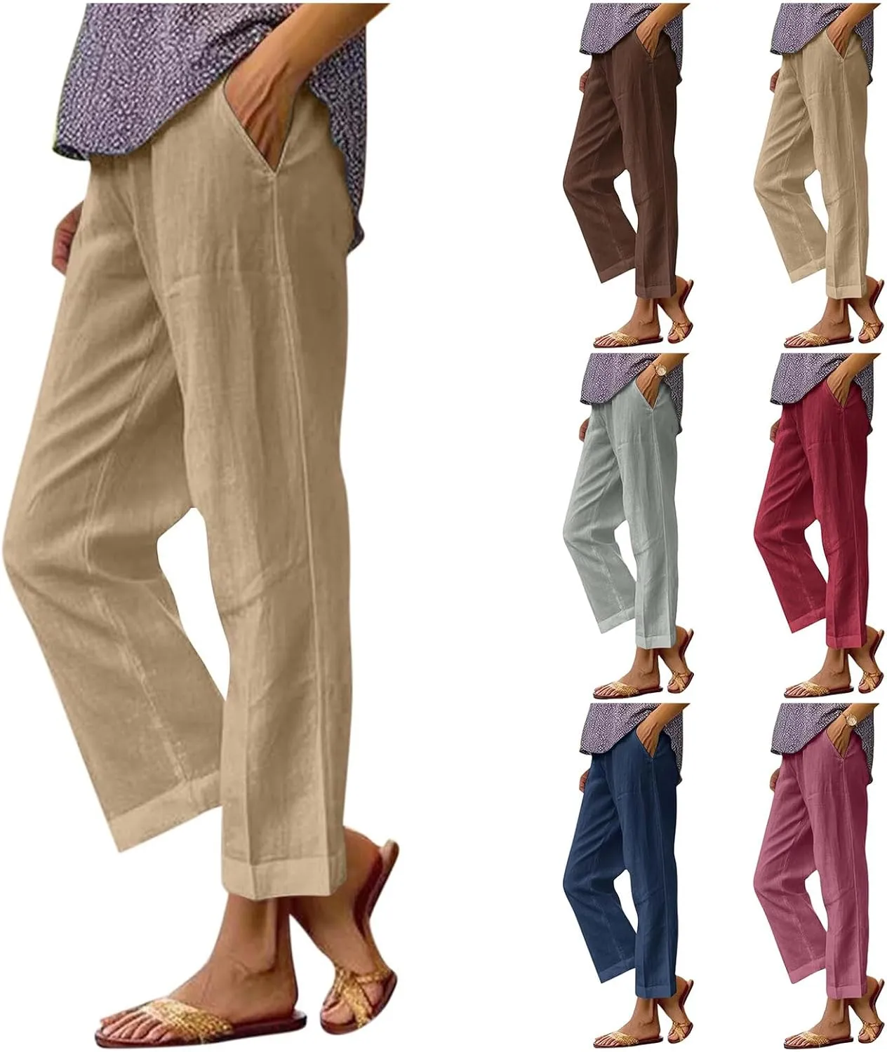 Womens Cropped Linen Pants Summer Elastic Waist Loose Fit Straight Leg Crop Pants Beach Trousers with Pockets