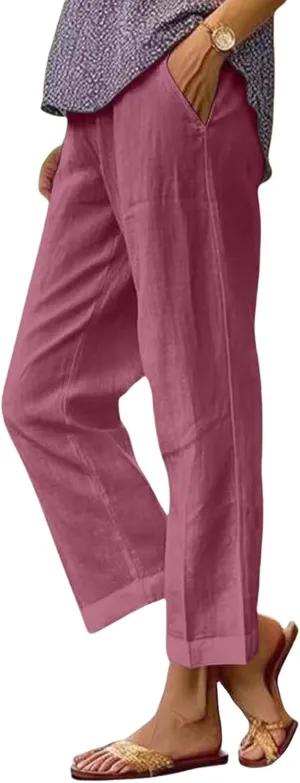 Womens Cropped Linen Pants Summer Elastic Waist Loose Fit Straight Leg Crop Pants Beach Trousers with Pockets