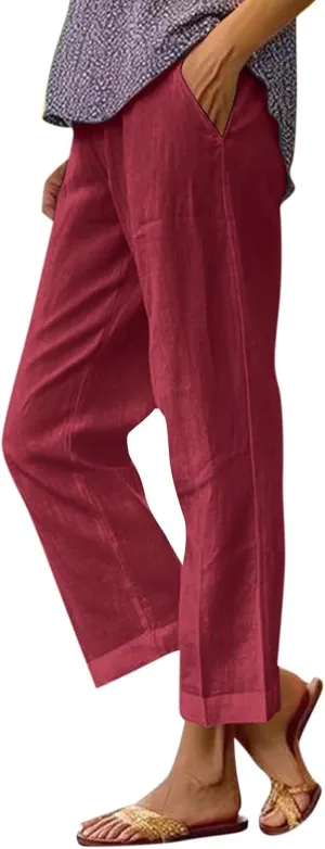 Womens Cropped Linen Pants Summer Elastic Waist Loose Fit Straight Leg Crop Pants Beach Trousers with Pockets
