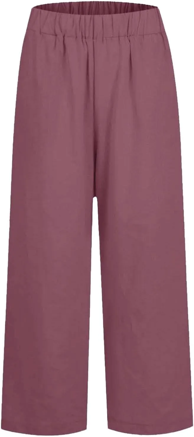 Womens Cropped Linen Pants Summer Elastic Waist Loose Fit Straight Leg Crop Pants Beach Trousers with Pockets