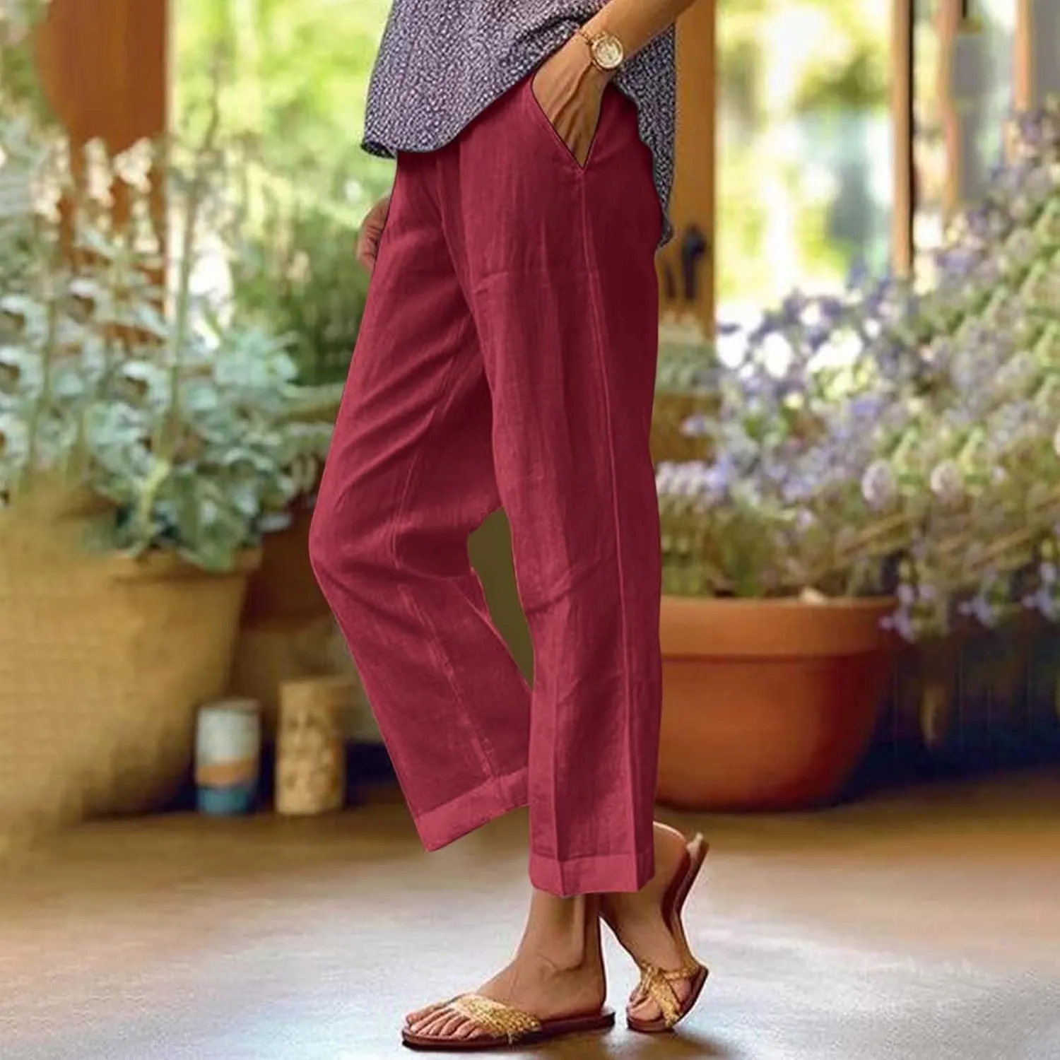 Womens Cropped Linen Pants Summer Elastic Waist Loose Fit Straight Leg Crop Pants Beach Trousers with Pockets