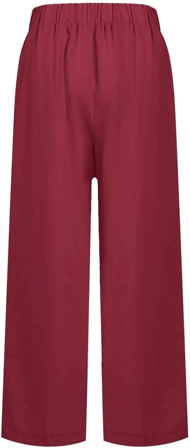 Womens Cropped Linen Pants Summer Elastic Waist Loose Fit Straight Leg Crop Pants Beach Trousers with Pockets