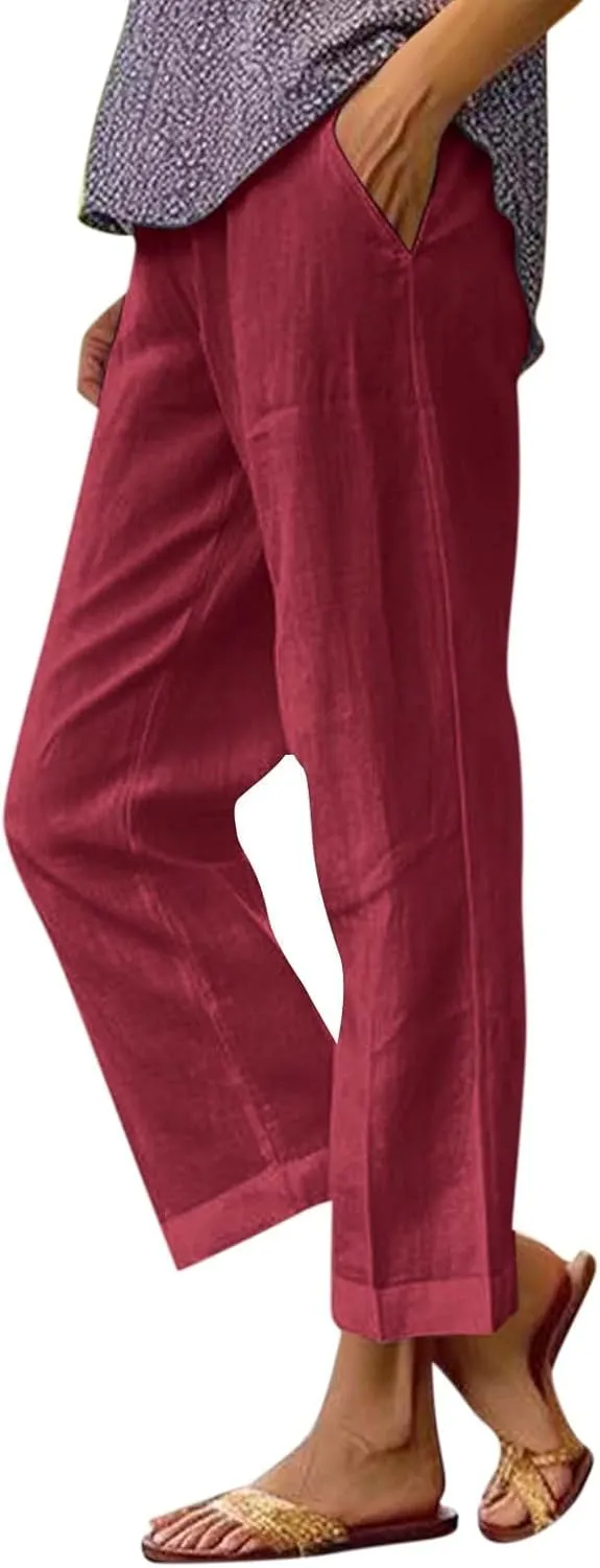 Womens Cropped Linen Pants Summer Elastic Waist Loose Fit Straight Leg Crop Pants Beach Trousers with Pockets