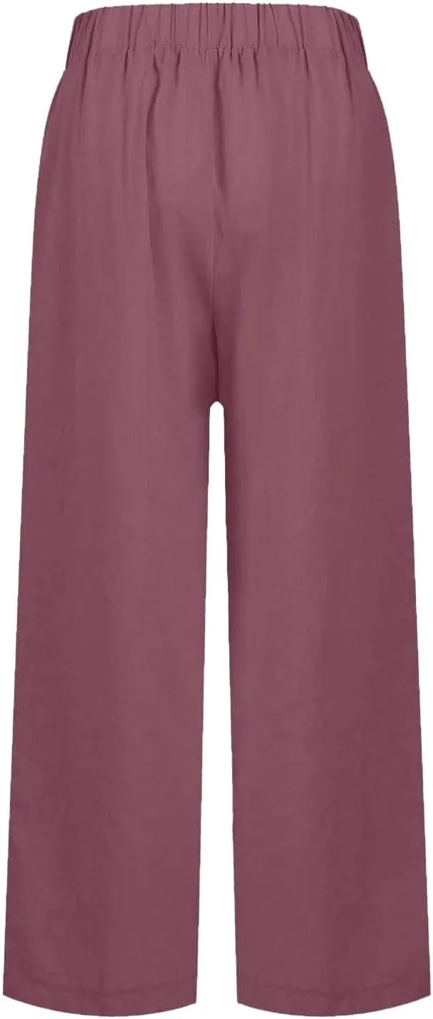Womens Cropped Linen Pants Summer Elastic Waist Loose Fit Straight Leg Crop Pants Beach Trousers with Pockets