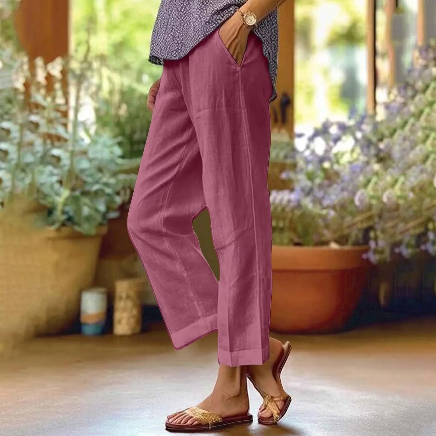Womens Cropped Linen Pants Summer Elastic Waist Loose Fit Straight Leg Crop Pants Beach Trousers with Pockets