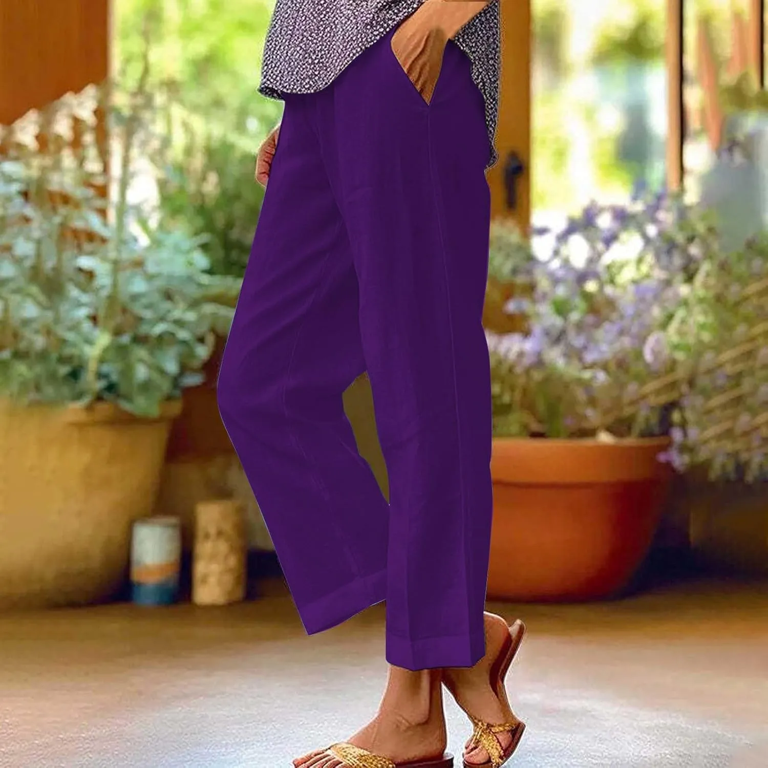 Womens Cropped Linen Pants Summer Elastic Waist Straight Leg Plus Size Crop Pants Casual Beach Trousers with Pockets