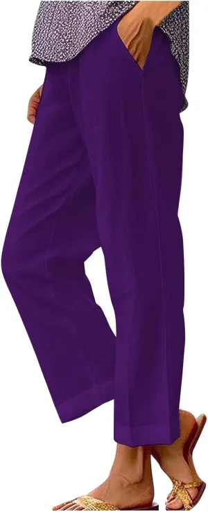Womens Cropped Linen Pants Summer Elastic Waist Straight Leg Plus Size Crop Pants Casual Beach Trousers with Pockets