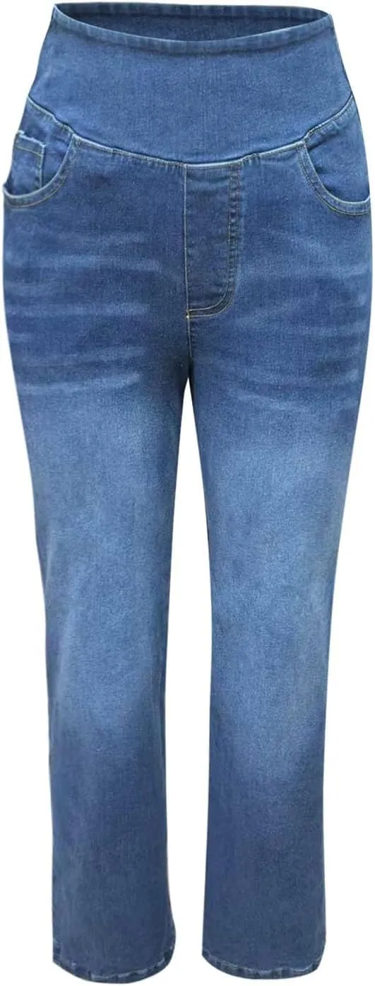 Womens Denim Pants High Waisted Stretchy Pull On Wide Leg Denim Pants with Pocket Casual Walk Outing Elegant Trousers
